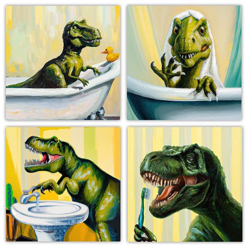 T-Rex Dinosaur Decor for Kid's Bathroom Wall Art Canvas Paintings - 4 Panels Ready to Hang Artwork for Walls - Pictures for Nursery Room Wall Decoration - Shower Room Canvas Art Wall Decor (12" x 12")