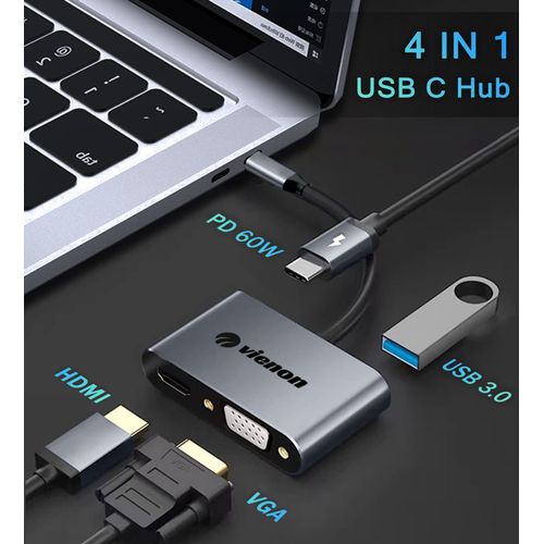 VIENON USB C to HDMI VGA Adapter for Dual Monitor, 4 in 1 USB C Hub with 4K HDMI, 1080P VGA, USB 3.0 5Gbps, 100W PD Compatible for MacBook Air/Pro, Dell XPS, Surface, iMac More