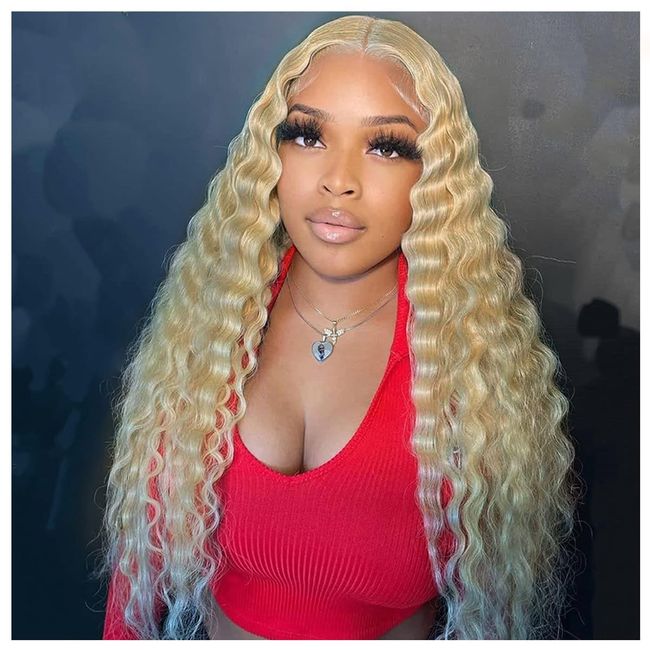 Halcyon Synthetic Curly Wig Honey Blonde Long Deep Wave Wigs for Women 30 inch Lace Fake Scalp Natural Crimps Curls Wig