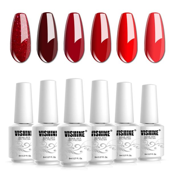 Vishine Glamour Red Gel Nail Polish Kit 8ML 6 Bottles Soak Off Nail Gel Polish Manicure Series UV LED Lamp Required Gift Box Nail Art