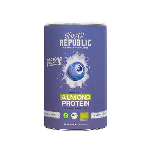 HARVEST REPUBLIC Bio Mandelprotein Pulver Wildheidelbeere mit 100% echtem Fruchtpulver | 320 g veganes Proteinpulver, verfeinert mit gefriergetrockneten Früchten | bis zu 12 g Protein pro Portion