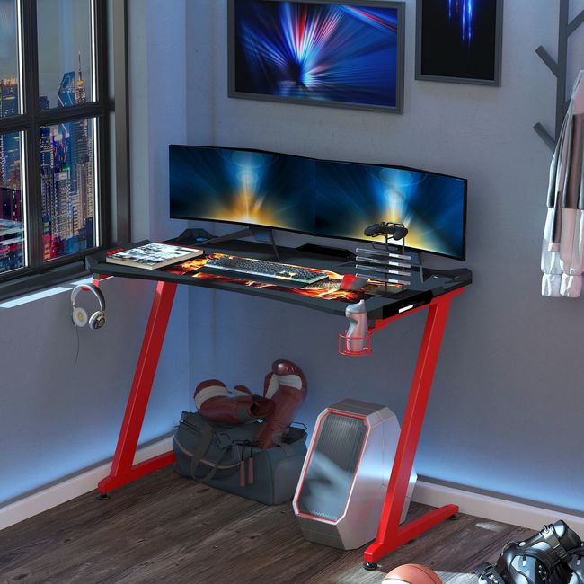 Gaming Computer Desk with Cup Holder Headphone Hook Gamepad Holder Home Office