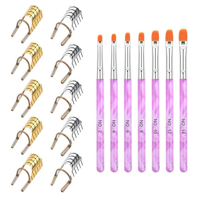 Iyowei 10 PCS Reusable Nail Art Extension Forms + 7 PCS Nail Art Brush, Extension Guide Form Tool Reusable Acrylic Nail Art Tips Nail Art Manicure Accessory