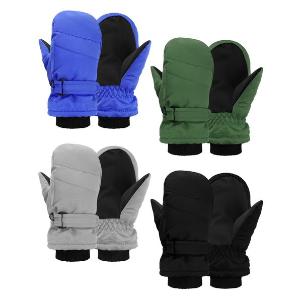 4 Pairs Kids Ski Gloves Waterproof Warm Snow Mittens Winter Warm Gloves for Outdoor Activities (Black, Gray, Army Green, Royal Blue, 5-8 Years)