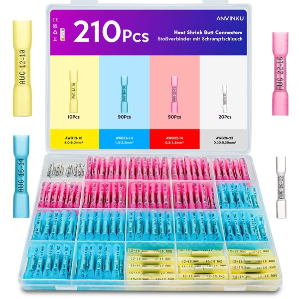 Heat Shrink Connectors, ANVINKU 210Pcs Heat Shrink Butt Connectors Kit, 10-26 AWG Heat Shrink Wire Connectors for Wiring, 4 Types Waterproof Heat Shrink Crimp Connectors with Box