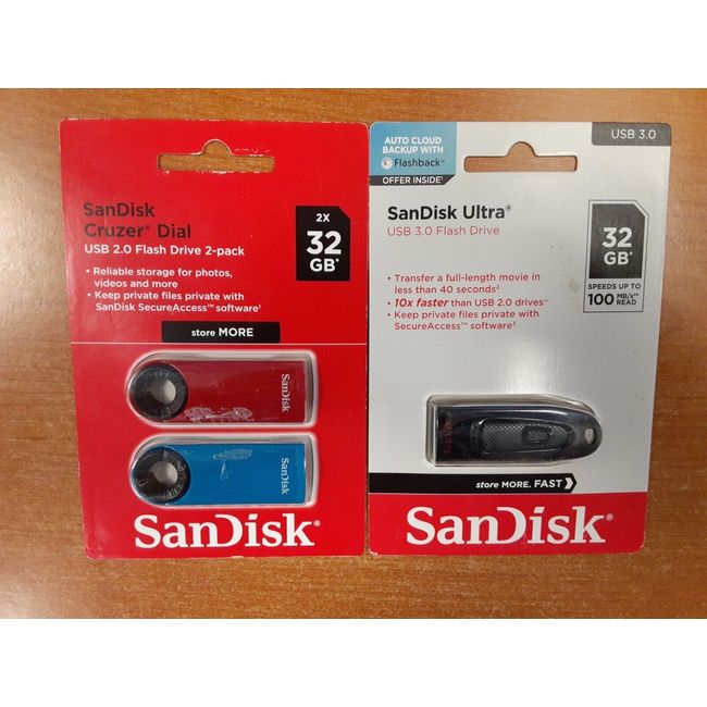 2 Pk: SanDisk Cruzer Dial USB 2.0 & Sandisk Ultra USB 3.0 Flash Drive 32GB - E3B