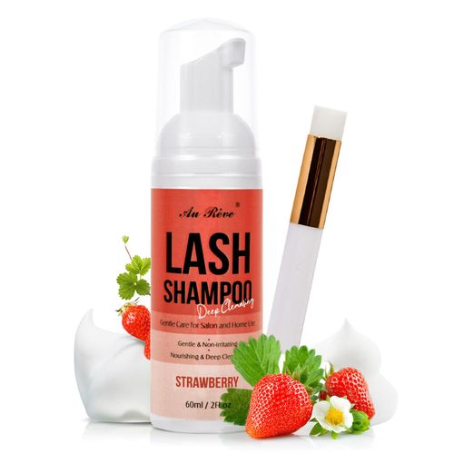 Lash Shampoo for Lash Extensions 60 Ml/2fl.oz Eyelash Extension Cleanser Oil Free Lash Cleanser for Eyelash Care, Gentle Foaming Eyelash Shampoo with Brush for Salon Home Care (Strawberry 60ml)