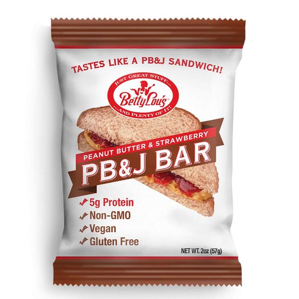 Betty Lou's PB&J Bars | Peanut Butter & Strawberry Snack Bars | Gluten Free, Vegan, Non GMO | Deliciously Healthy Snacks | Individually Wrapped, 2 Oz. Each (12 Pack)