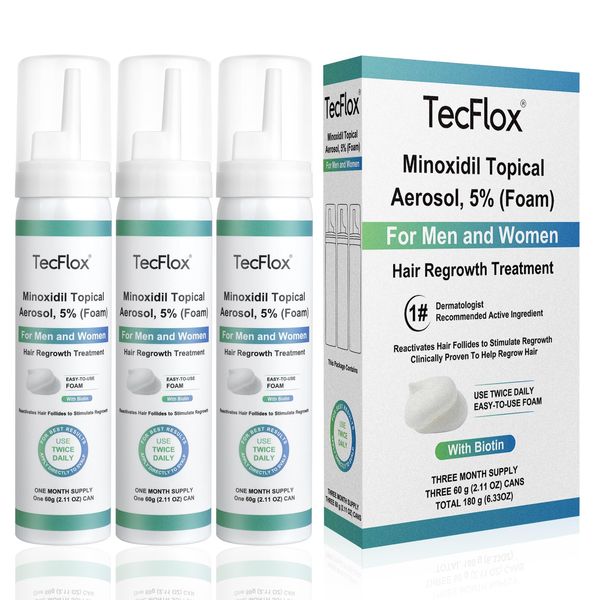 Tecflox Minoxidil Foam - 5% Minoxidil for Men and Women, Hair and Beard Growth with Biotin, Thicker Hair, Unscented, 3 x 2.11 Oz, 3-Month Supply, Hair Loss Treatment,Green