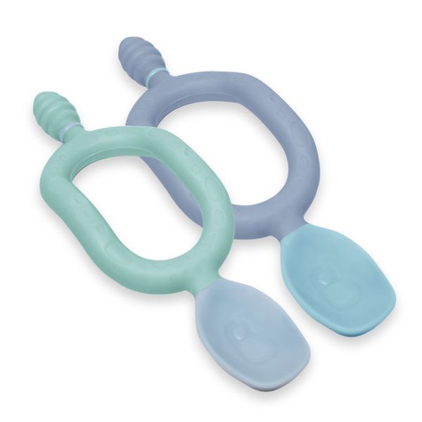 Bibado Weaning Spoons 2 Pack - Baby Led Weaning Spoon for Self Feeding, Dual-Ended Cutlery for Oral Sensory Development and Teething Gums - Ergonomic 2 Handles for Control - Dippit, Blue Green
