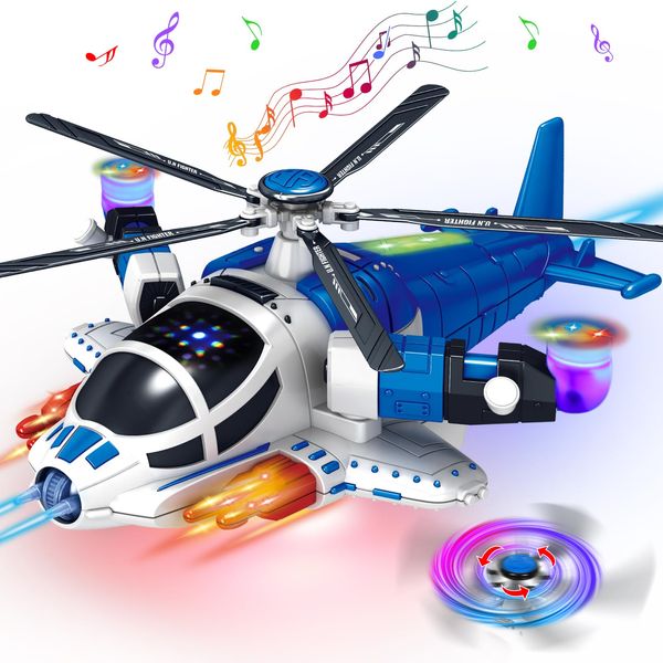 Helicopter Toy for Toddlers 1-3 With Lights And Sounds, 360°Freedom And Operated Automatic Bump Autism Sensory Light Up Toys Airplane for Toddler Boy Toys 2 3 4 5 Year Old Up Boy Girl Birthday Gift