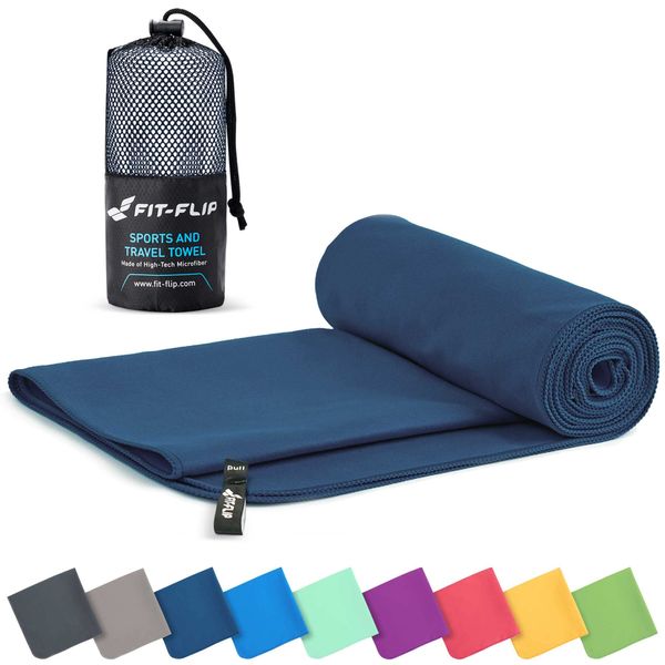 Fit-Flip Microfibre towel - compact, ultra lightweight & quick dry towel - the perfect gym, travel & beach towel - swimming towel for sports, camping & hiking (70x140cm deepblue + bag)