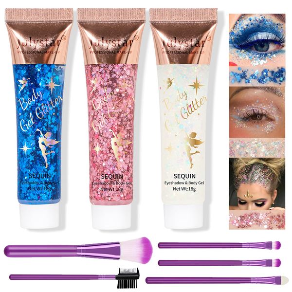 Sugeru®3 Stück glitzer gesicht gel für Körper, Gesicht, Haare, Nagelkunst, festival accessoires | body glitter gel | glitzer gesicht Make Up Kosmetik Festival Party (Weiß+Rosa+Blau)