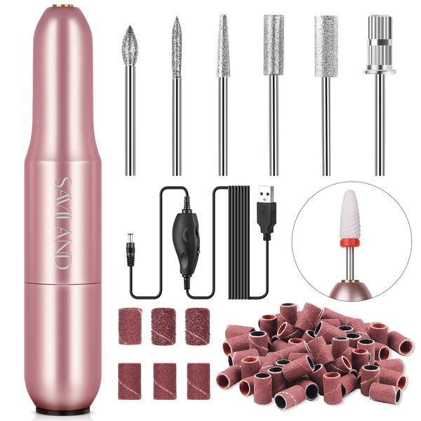 Saviland Electric Nail Files - Electric Nail Drill【Adjustable Speed】Nail Drill【Low Noise&Heat】Portable Nail Files , 20000 RPM with 7PCS Nail Drill Bits 51Pcs Sanding Bands for Gel Nails Acrylic Nails