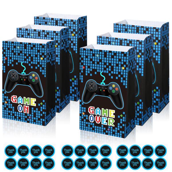 24 Pack Gamer Party Favor Bags Video Game Party Supplies Theme Candy Goodie Bag Game on Party Bags with Stickers for Kids Birthday Party Decorations, 8.66 x 5.12 x 3.15 Inches