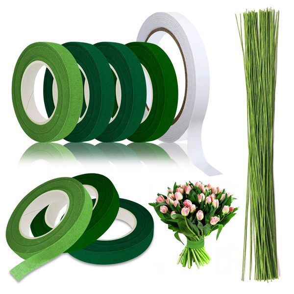 QINGHEC 4 Rolls Green Florist Tape and Wire,13mm Floral Stem Wrap Tape,Flower Bouquet Tape with 50 Pcs 22 Gauge Green Florist Wire Stems and Double Sided Tape for Bouquet Stem Wrapping-30 Yard/Roll