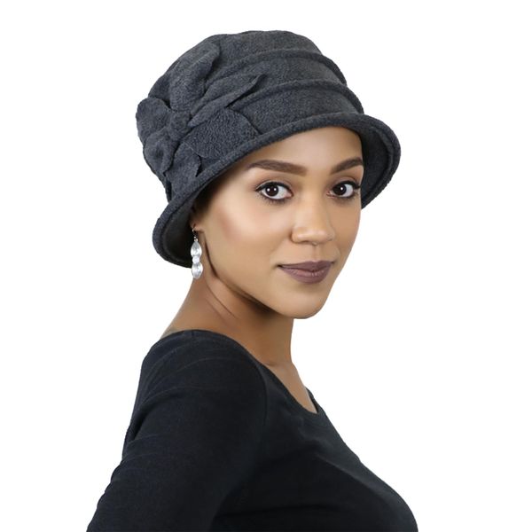 Fleece Flower Cloche Hat for Women Cancer Headwear Chemo Ladies Head Coverings Grey