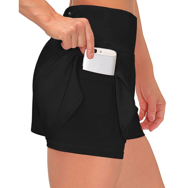 Shorts Damen Sommer Sport Shorts Kurze Hosen 2 in 1 Laufshorts Fitness Sporthose Running Yoga Jogging Beiläufige Elastisch Schnelltrocknende Shorts (A Schwarz, M)