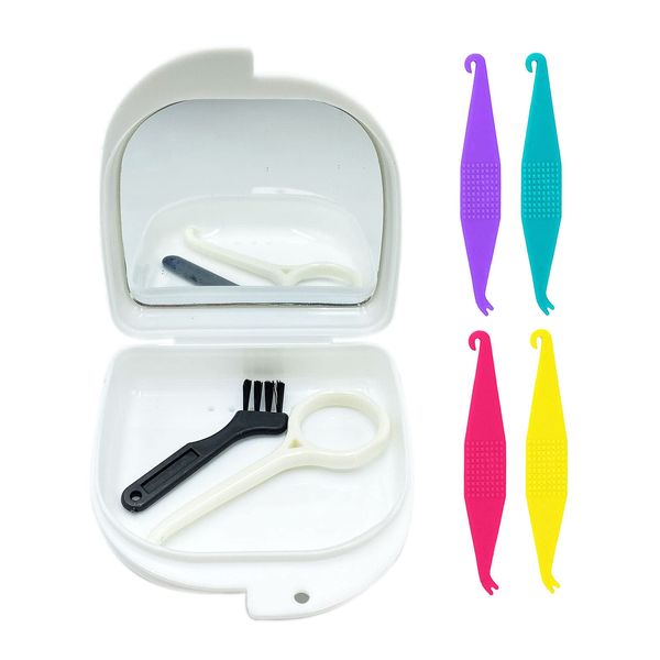 HRASY Oral Care Disassembly Kit/7pcs Including 1 Retainer Case with Mirror and Vent Holes | 1 Aligner Remover Tool | 4 Elastic Rubber Bands Placers | 1 Cleaning Brush (White)