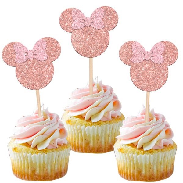 Rsstarxi 36 Pack Mouse Inspired Cupcake Toppers with Bow Mouse Birthday Cake Decorations Mini Cupcake Picks for Mouse Themed Baby Shower Kids Birthday Party Decorations Rose Gold