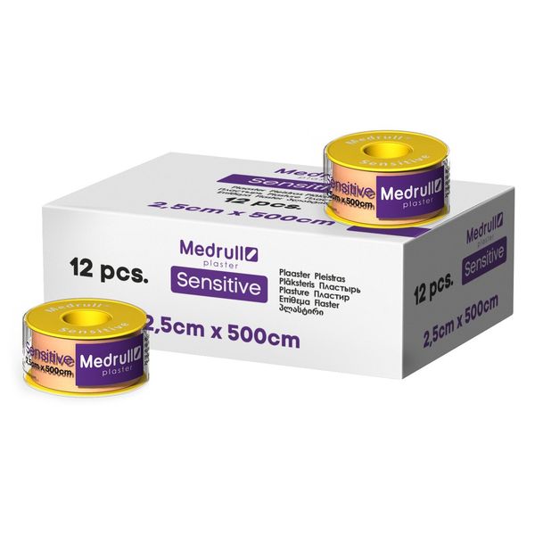 Medrull Plaster Rolls Sensitive Fixing Dressings, 12 Plasters 2,5cm x 5m Non-Woven Medical Adhesive Tape, Suitable for Hospital Use, No Need Scissors, Skin Friendly, Sensitive Hypoallergenic Plasters