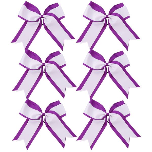 8 Inch 2 Colors Cheerleader Bows 2 Layers 6 Pcs Ponytail Holder Cheerleading Bows Hair Elastic Hair Tie (Purple/White)