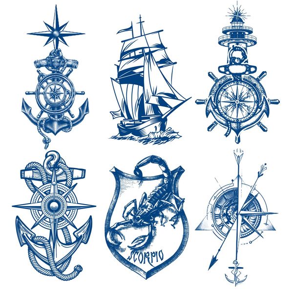 Oottati 6 Sheets Semi Permanent Fake Waterproof Arm Temporary Tattoo Stickers Long Lasts 1-2 Weeks, Ship Boat Anchor Rope Compass Scorpion Lighthouse Sailor Sea Arrow Natural Fading