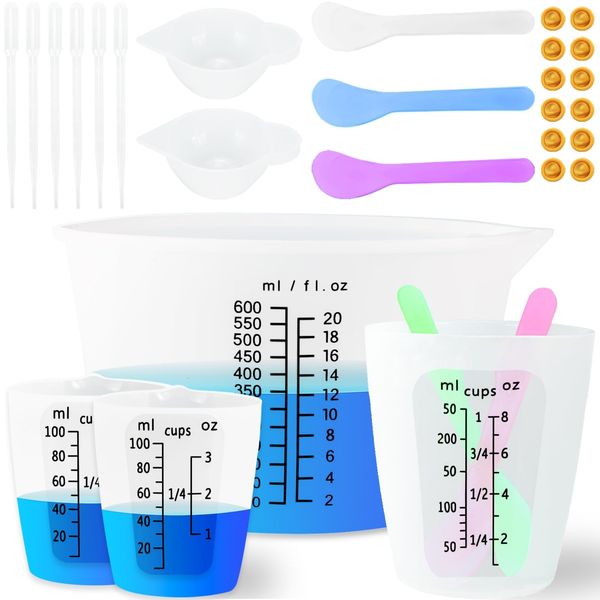 Creahaus Silicone Measuring Cups Tool Kit, Easy to Read 600ML Silicone Mixing Bowl with 250&100ML Silicone Resin Mixing Cup, Easy Clean Reusable Epoxy Resin Supplies with Stir Sticks, Pipettes