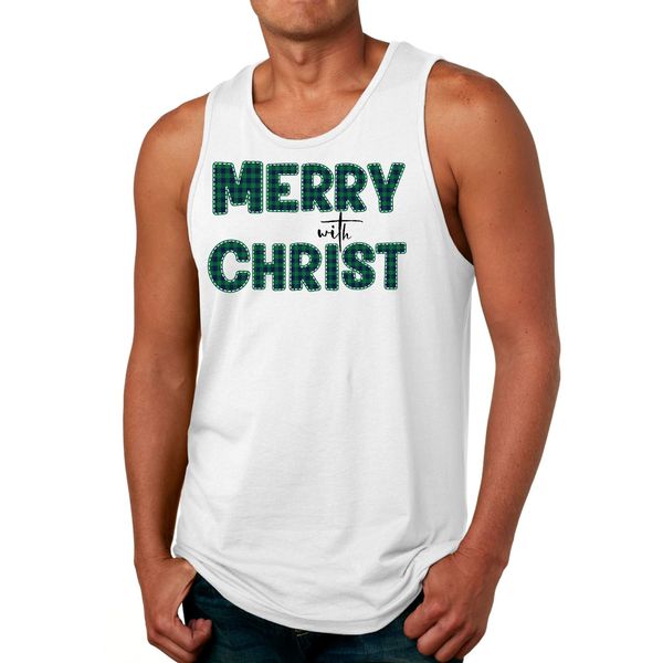 Mens Fitness Tank Top Graphic T-shirt Merry with Christ, Green Plaid - White / M