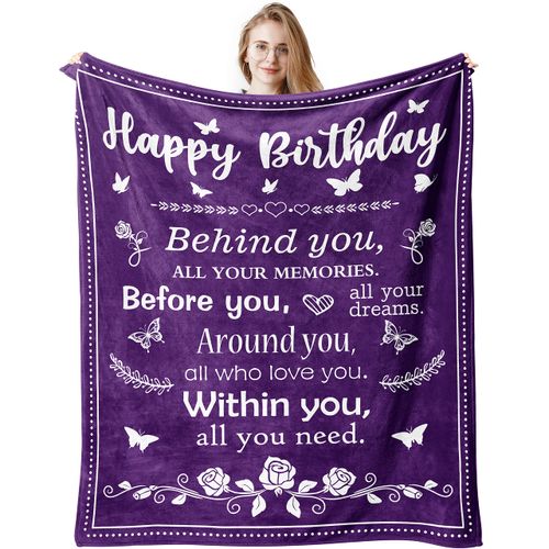 QUWOGY Birthday Gifts for Women/Men/Her/Him Friendship Blanket Purple 60"x50", Happy Birthday Decorations Women/Men Throw Blanket, Bday Gifts for Women Unique, Best Birthday Gift Idea
