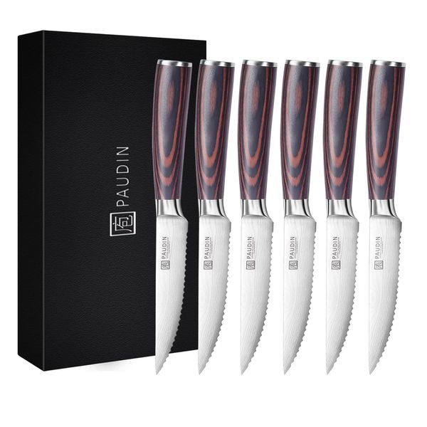 PAUDIN Steak Knives Set of 6, Kitchen Steak Knife 4.5 Inch, Super Sharp Serrated Steak Knives with High Carbon Stainless Steel, Ergonomic Pakkawood Handle, Dinner Knives with Gift Box