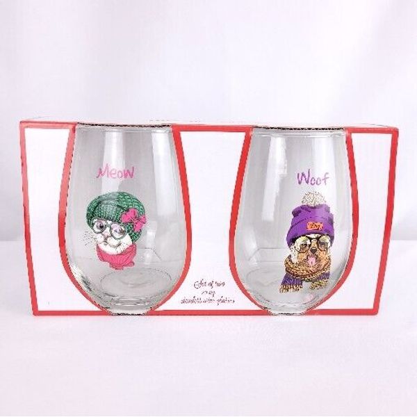 NEW Set Of 2 Stemless Wine Glasses Cat Dog Christmas Winter Holiday Home