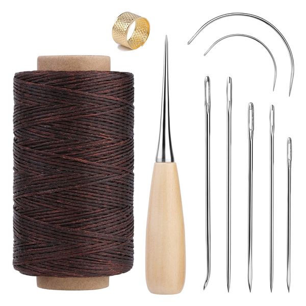 273 Yards Upholstery Repair Waxed Thread Kit, Leather Waxed Thread Sewing Kit Including Sewing Thread Needle Awl Thimble, Leather Sewing Kit for Leather Carpet Sofa Seat Shoe Sewing and Repair (Brown)