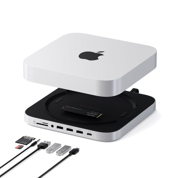 Satechi USB-C Stand Hub, NVMe/SATA SSD Slot (M1 Mac Mini), USB-C Data Port (10Gbps), Micro/SD Card Slot, USB-A (10/5Gbps), Headphone Jack Port (Not Compatible with M2 Mini Pro)