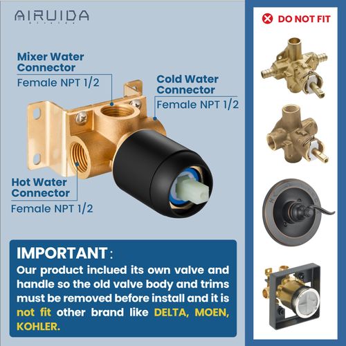 Airuida Round Single-Function Shower Handle Trim Kit Wall Mount Brass Faucet Rough-in Valve Bathroom Trim Kit Single Handle Tub Shower Valve Female Thread Matte Black
