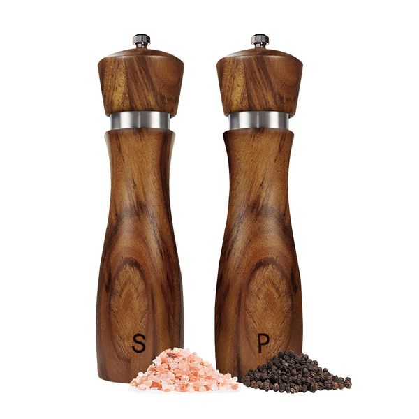 2 Pack Salt and Pepper Grinder Set, Acacia Wood Salt Shaker with Ceramic/Stainless Steel Core, Modern and Elegant Wooden Salt and Pepper Set