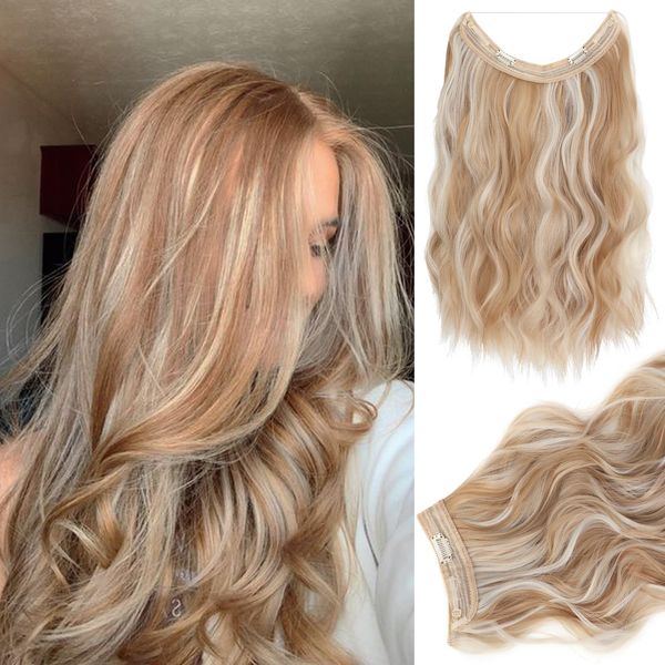 SHANGZI Halo Hair Extensions 20 Inch Invisible Wire Ash Blonde Mix Light Bleach Blonde Hair Extensions Adjustable Long Wavy Hair Extensions Synthetic Upgrade 4 Secure Clips in Hairpieces