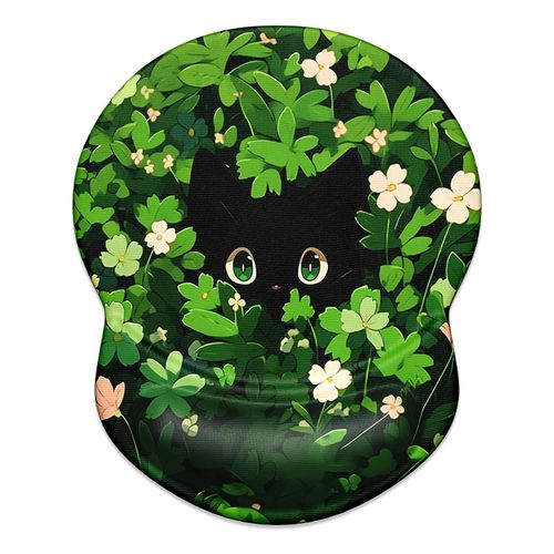 ITNRSIIET Ergonomic Mouse Pad with Gel Wrist Support Small Wrist Rest Smooth Surface Non-Slip PU Base Comfortable Office Supplies Pain Relief, 8.7 x 7.2 inches, Green Leave Cat