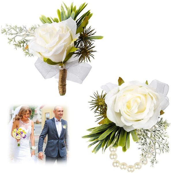 Twshiny Wrist Corsages for Weddings Rose Flower Wrist Corsage and Boutonniere Set Bridal (1 Boutonnieres & 1 Wrist Flowers)