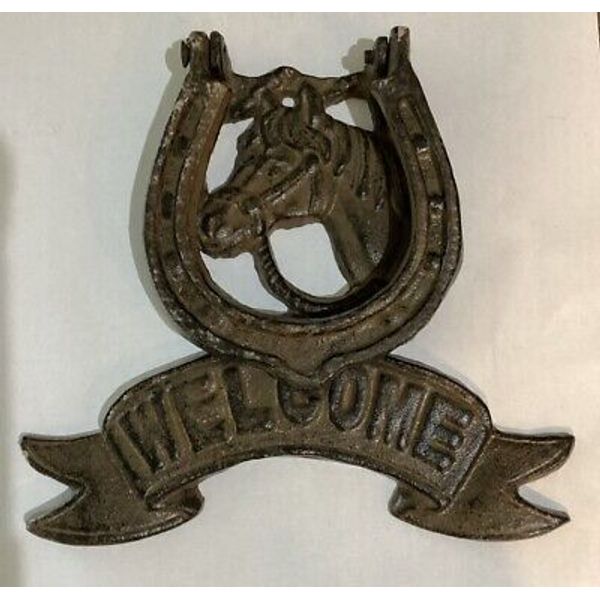 WELCOME Horse Shoe Cast Iron Door Knocker Western Rustic Antique Style Knock