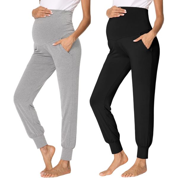 fitglam Women's Maternity Pants Over Belly Lounge Pajamas Clothes Pregnancy Must Haves Joggers with Pockets 2 Pack