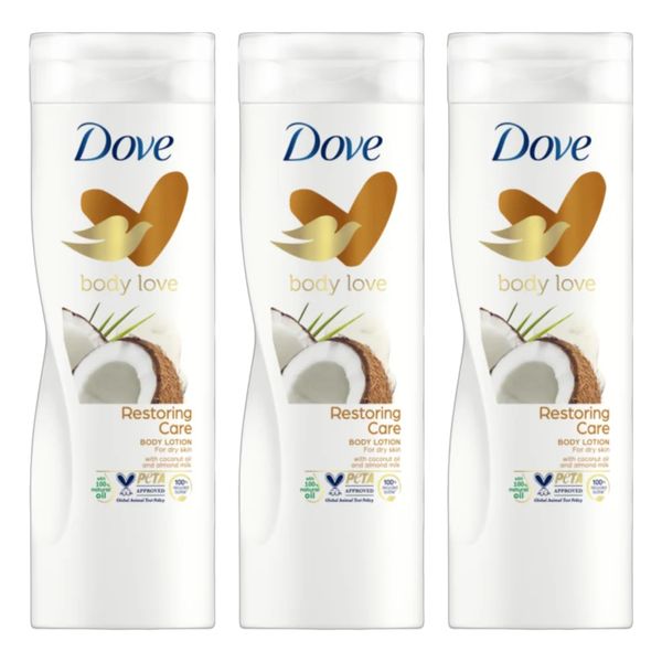 Dove Body Love Restoring Care Body Lotion For Dry Skin with Coconut Oil and Almond Milk | 3 x 400ml | Click '𝗖𝘂𝘀𝘁𝗼𝗺𝗶𝘀𝗲 𝗡𝗼𝘄' Button for More Bulk Buy Option!