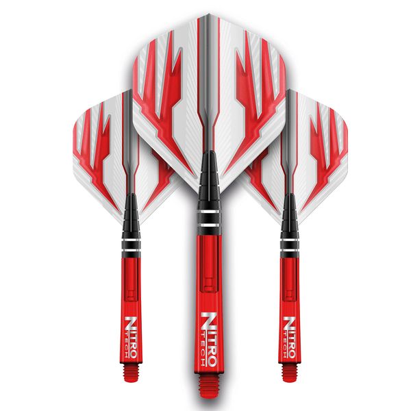 RED DRAGON Dart Flight and Schäfte Kombi Rot - 4 Sätze Standardflüge und 4 Sätze Medium Nitrotech Schäfte pro Packung