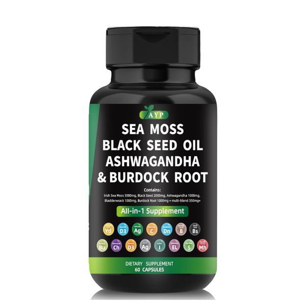 AYP Sea Moss Bladderwrack Black Seed Oil Ashwagandha Burdock Root Capsules Multi Blend Supplement + Multi Vitamin Turmeric Manuka Honey Elderberry Chlorophyll