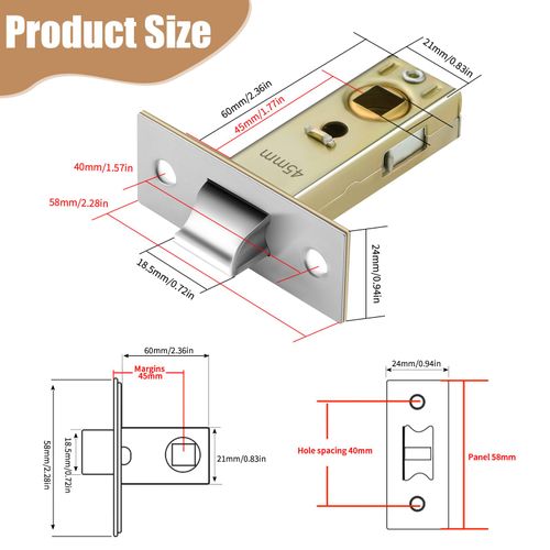 2 Set 45mm Tubular Latch, Internal Door Lock Mortice Latch Polished Door Latch for Sprung Lever Door Handles