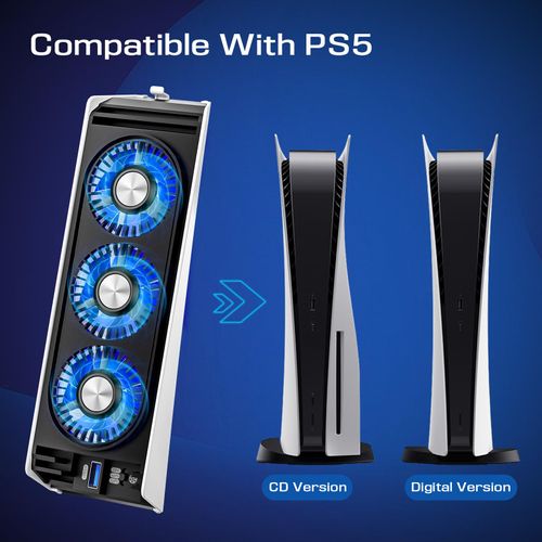 Cooling Fan for PS5 Accessories,with 3 Blue LED Light/ 2 USB 3.0 Ports / 2 Fan Speed,Compatible with PlayStation 5 Console Digital/CD Version, High Efficiency PS5 Cooler Station(Black)