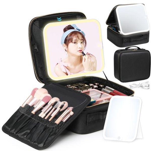 LUXSPIRE Makeup Box, Cosmetic Box, Makeup Brush Bag, Mirror with LED Light, 3 Color Light, Stepless Dimming, EVA Makeup Pouch, Cosmetic Pouch, Makeup Pouch, Handheld Size: 26*23*11CM, Professional Use, Dividers, Small, Dustproof, Adjustable Dividers 