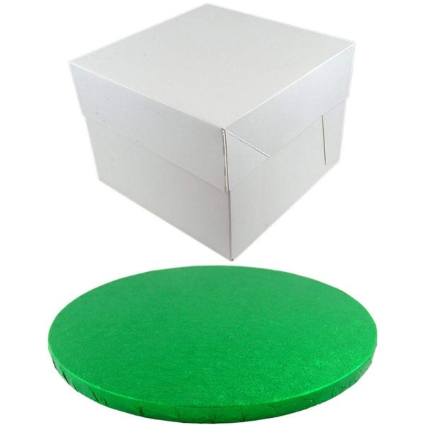 Doric ROUND COLOURED Drum cake BOARD and white transporting BOX (8 Inch, Green)