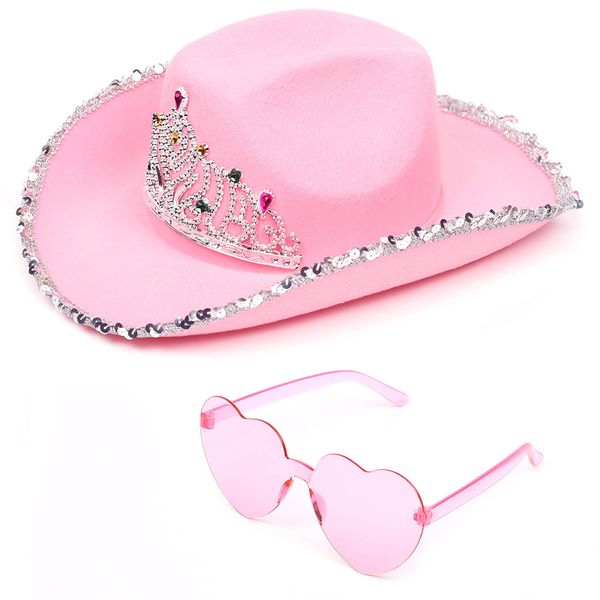 Funcredible Pink Cowboy Hat and Glasses - Preppy Cowgirl Hat with Tiara - Sparkly Cowboy Hat - Cowgirl Outfit Accessories for Women and Girls