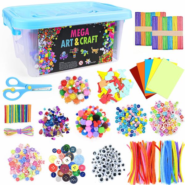 SIMDAO 1500Pcs Art Craft Kits for Kids, Include Pipe Cleaners, Pom Poms, Wiggle Eyes, Multicoloured Paper, Colour Buttons,Beads, DIY Toys Gifts Kids Education Supplies, Includes Instructions Booklet